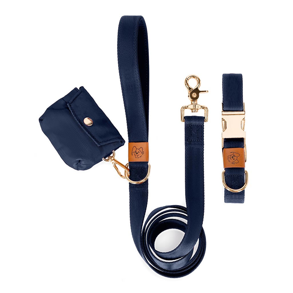 Collar and leash set with a dog waste bag holder in dark blue navy