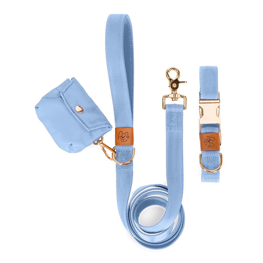 Collar and leash set with a dog waste bag holder in light blue