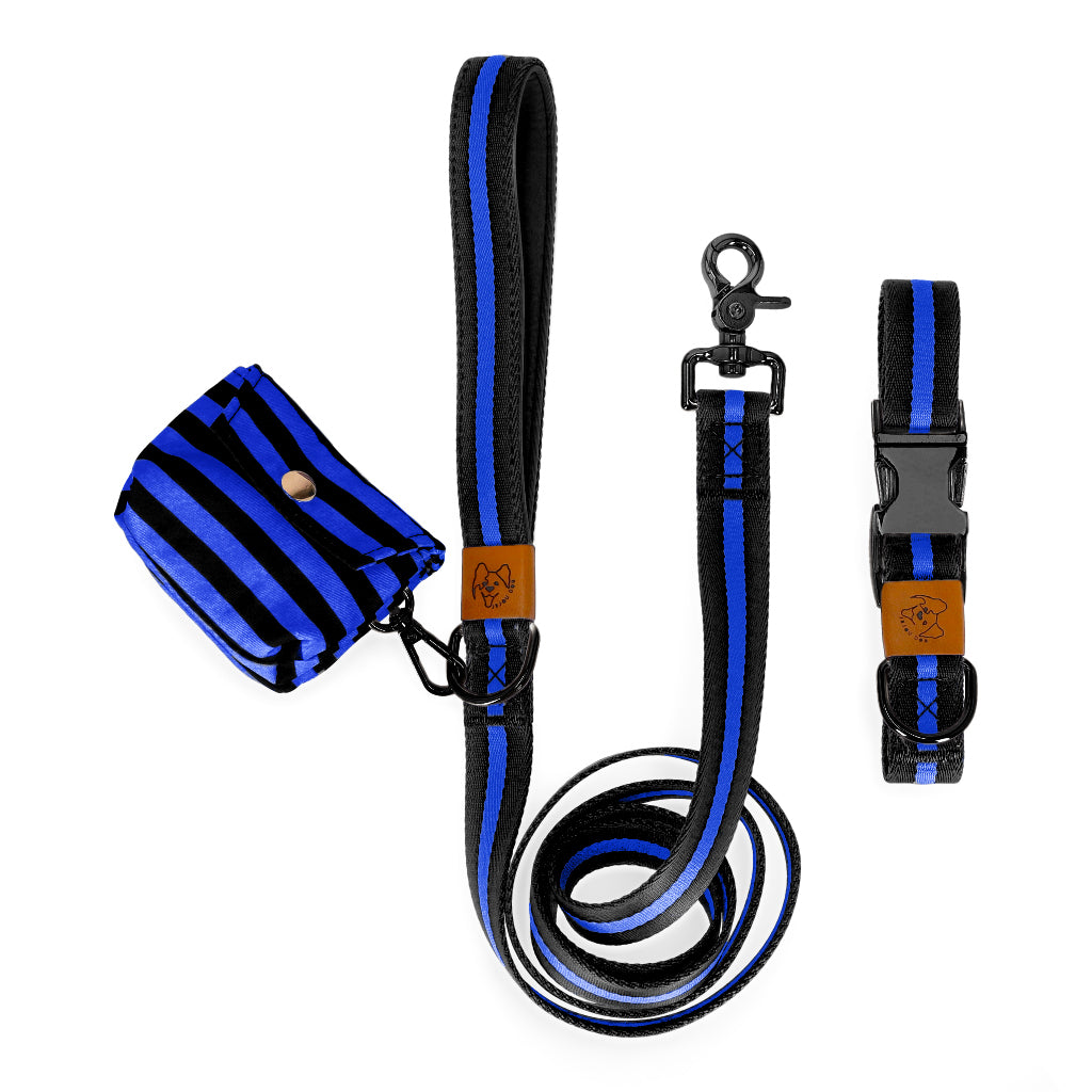 Collar and leash set with a dog waste bag holder in blue black accesories