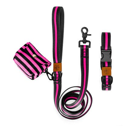 stylish dog accessories set with a dog waste bag holder in pink black