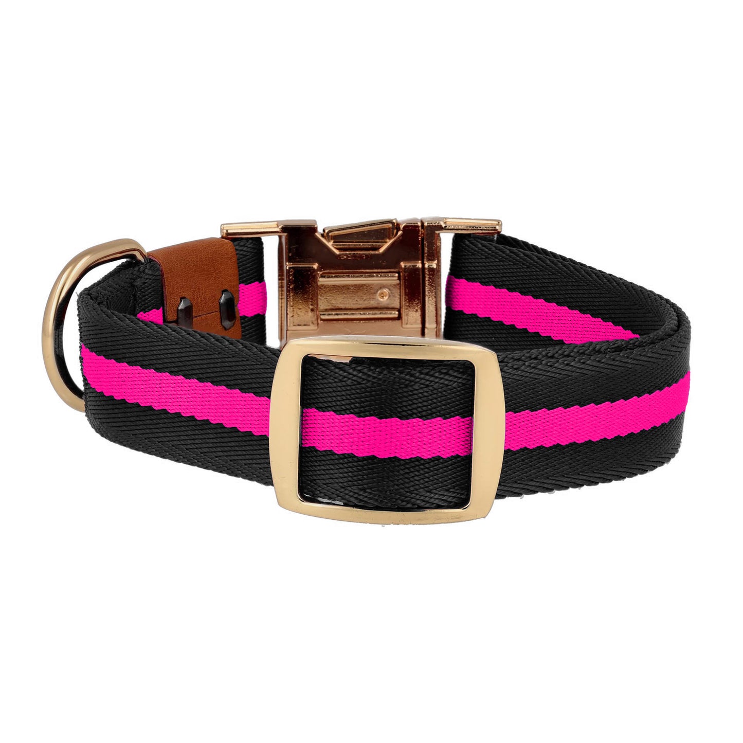 Dog collar in black with pink stripe and gold accessories back