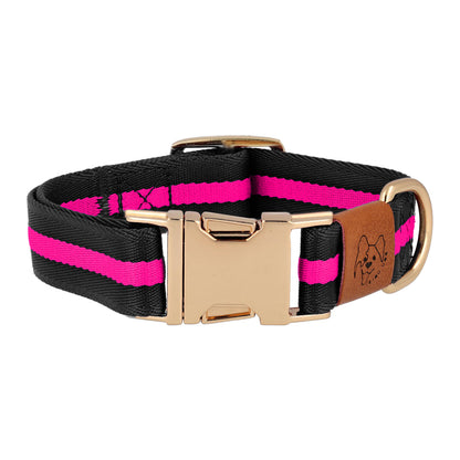 Dog collar in black with pink stripe and gold accessories