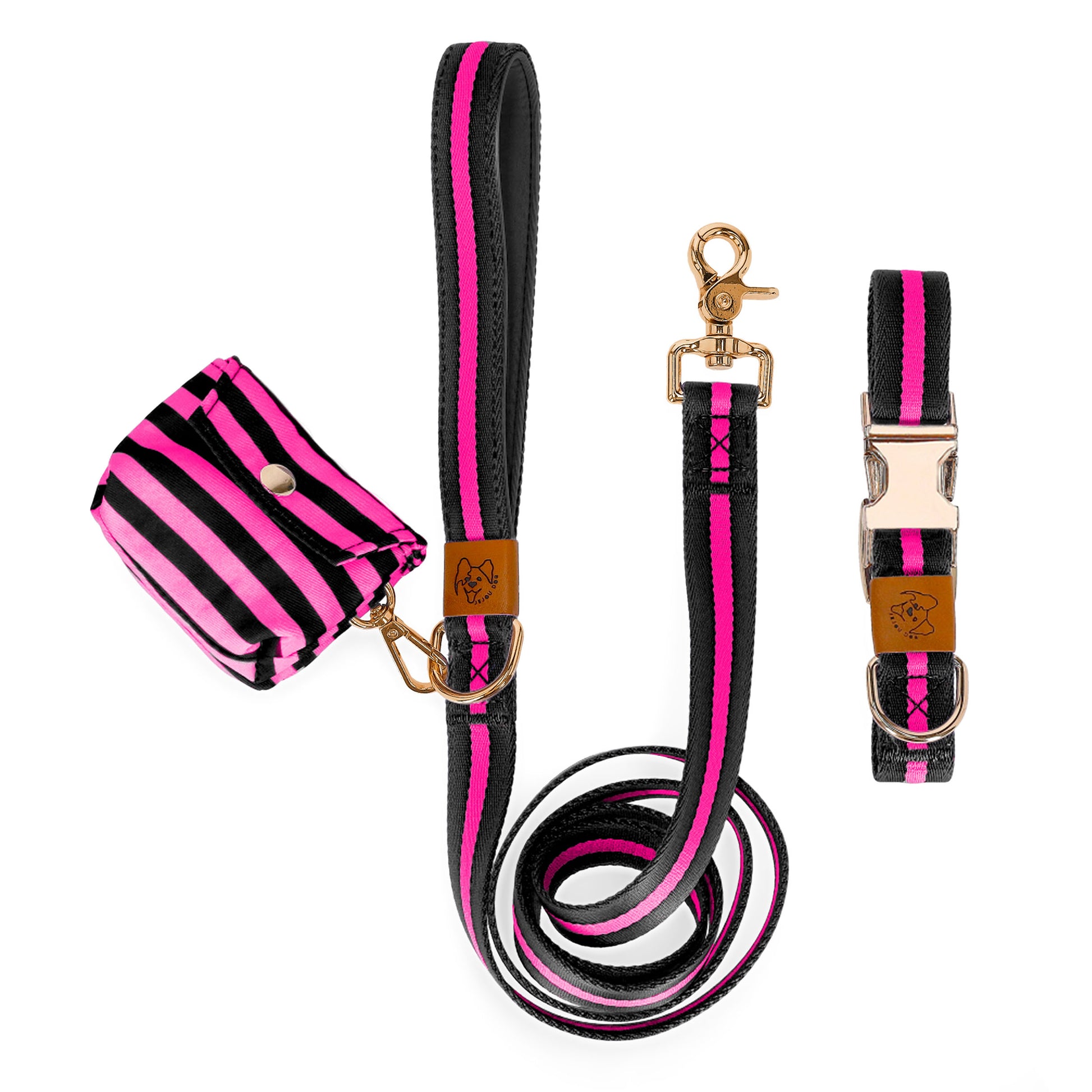 dog collar and leash and bag matching set in neon pink